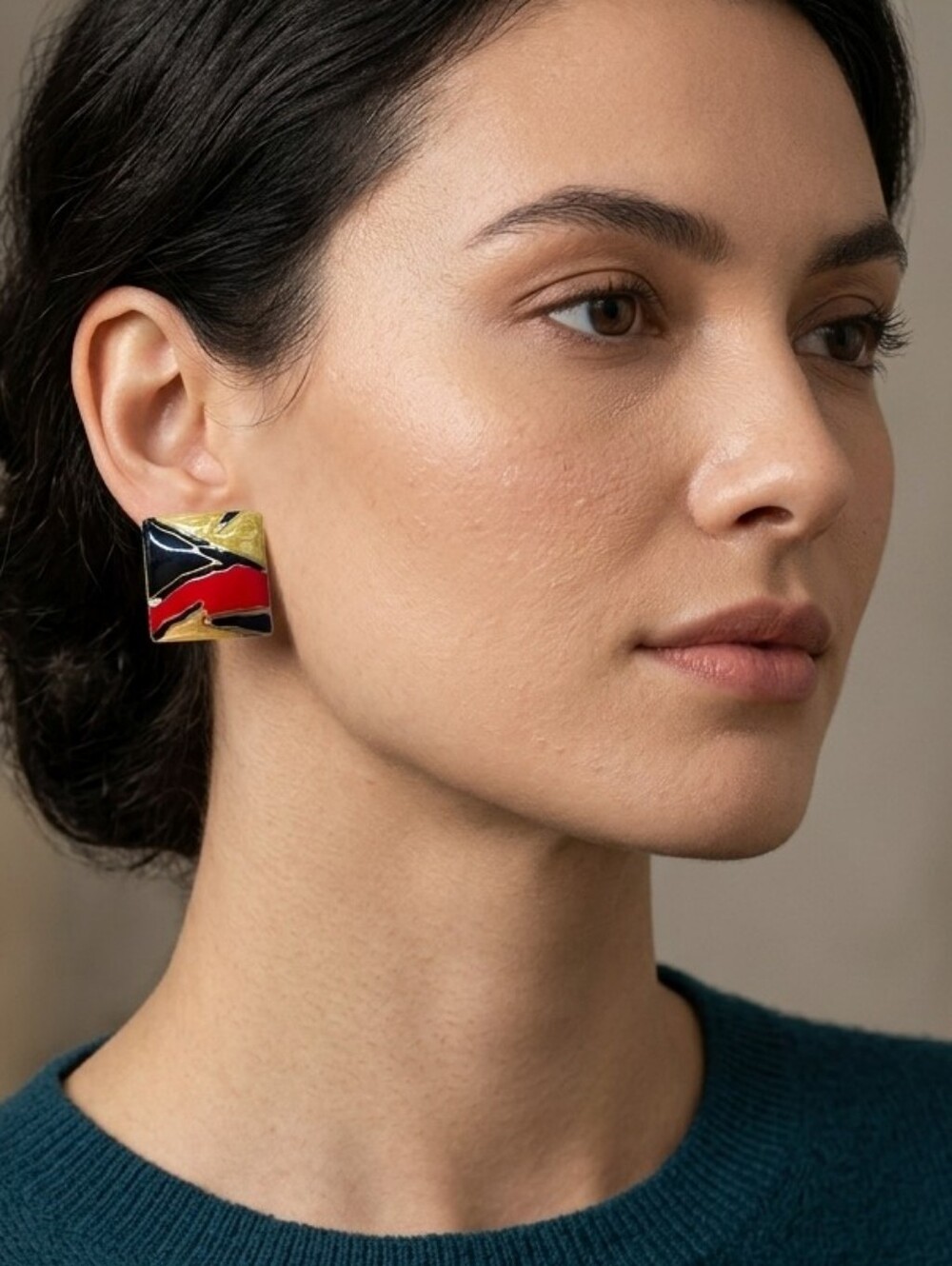 Retro 80s Square Brass Enamel Earrings